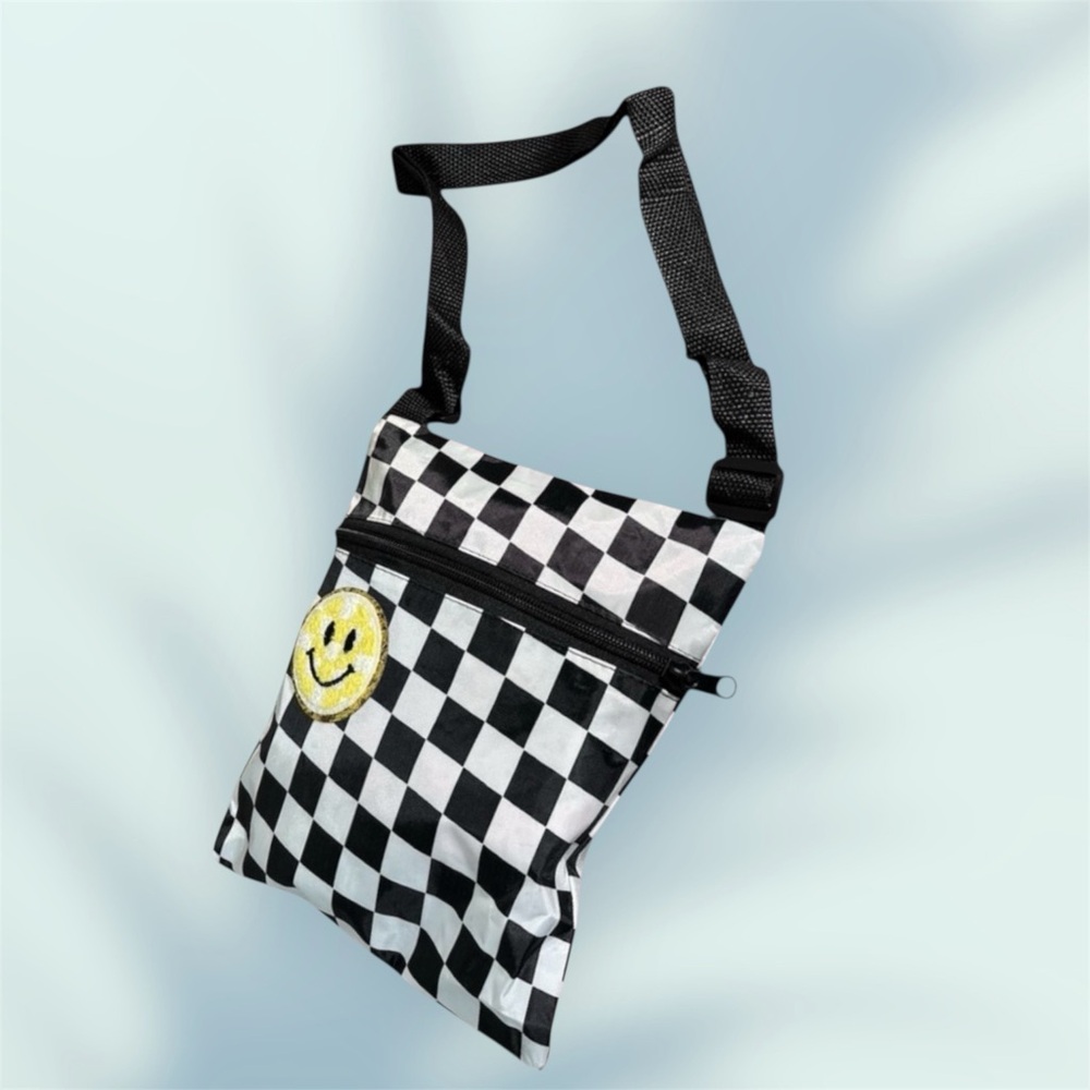Checkered Crossbody Bag with Smiley Patch